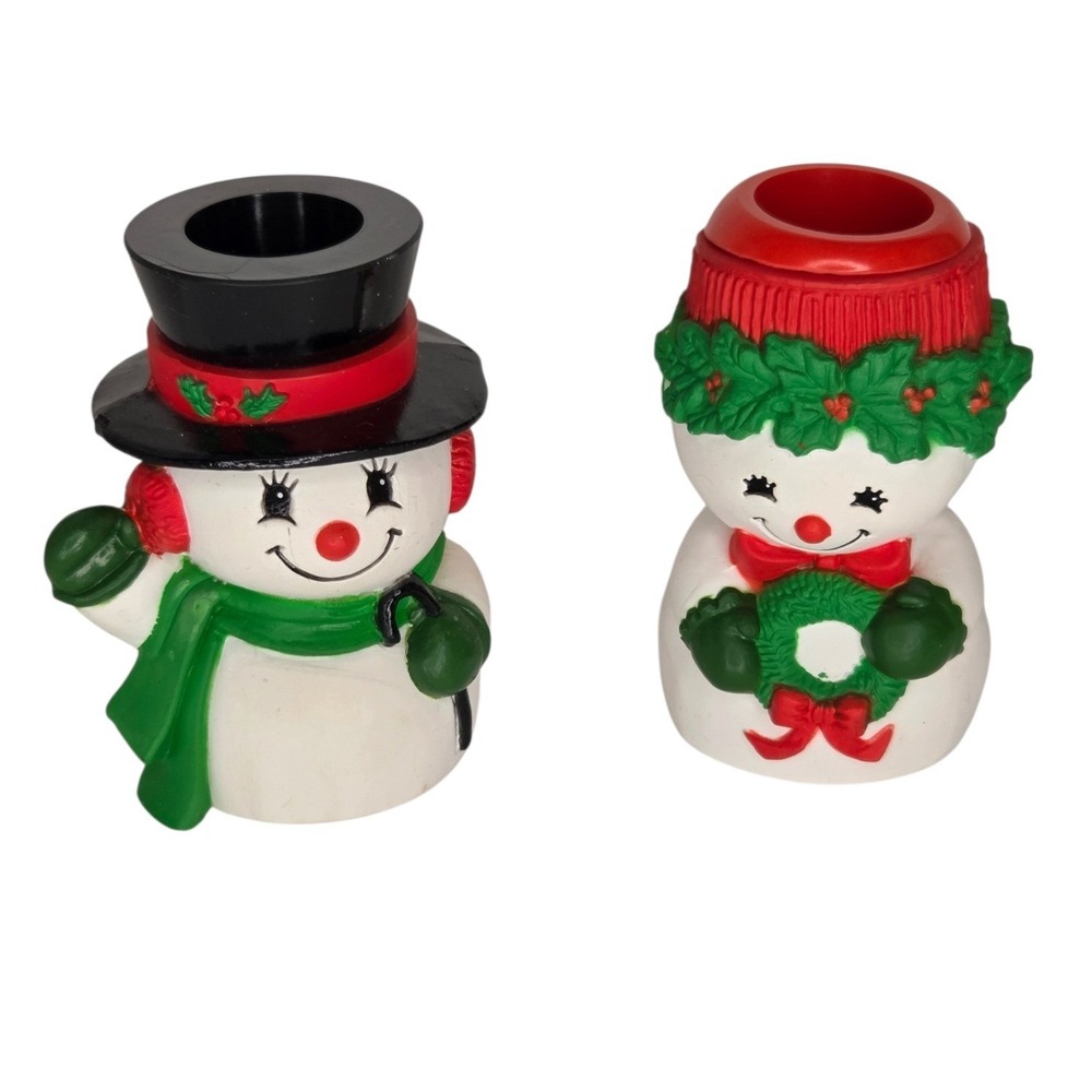 Vintage Hallmark Mr. & Mrs. Kitschy Snowman Holiday Candle Holders Set